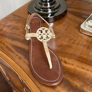 Tan embossed Tory Burch mini Miller block heeled sandal